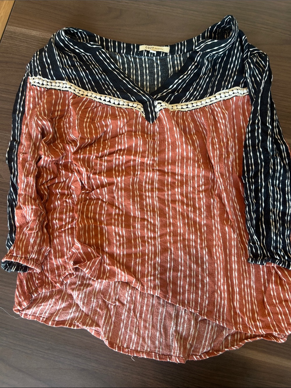 Women's Vintage Rust and Black Striped V-Neck Top